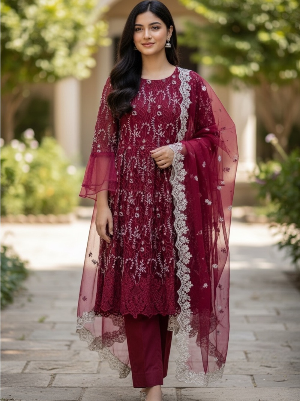 Embroidered Burgundy Mesh Bell-Sleeve 3 piece Pakistani outfit